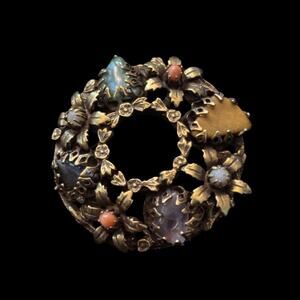 Vintage Black Onyx/ Amethyst/ Jade// Yellow Jasper Brass Floral Wreath Brooch